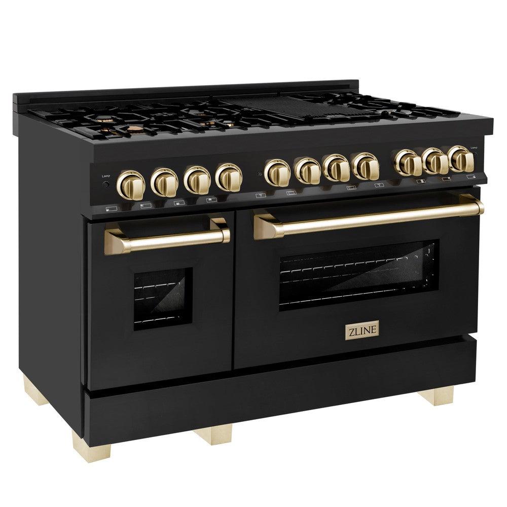 Autograph Edition 48 in. Kitchen Package with Black Stainless Steel Dual Fuel Range, Range Hood and Dishwasher with Polished Gold Accents 3AKPRABRHDWV48G