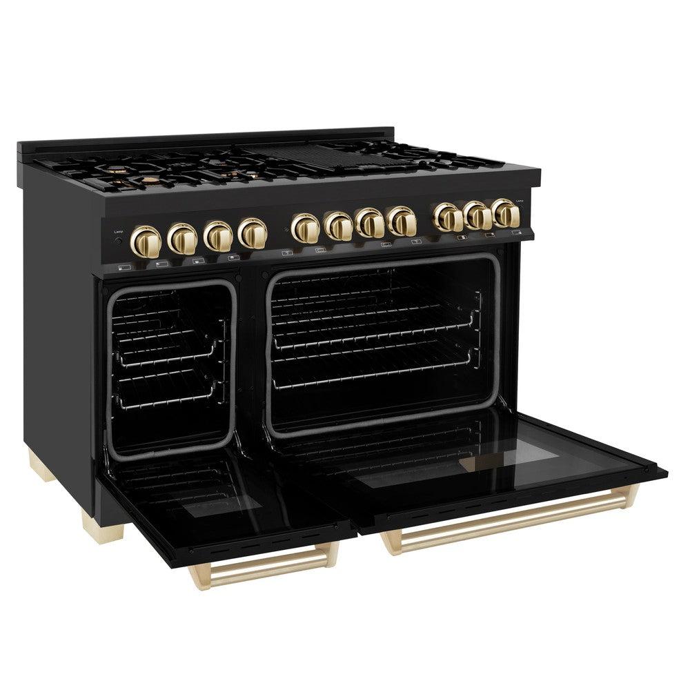 Autograph Edition 48 in. Kitchen Package with Black Stainless Steel Dual Fuel Range, Range Hood and Dishwasher with Polished Gold Accents 3AKPRABRHDWV48G