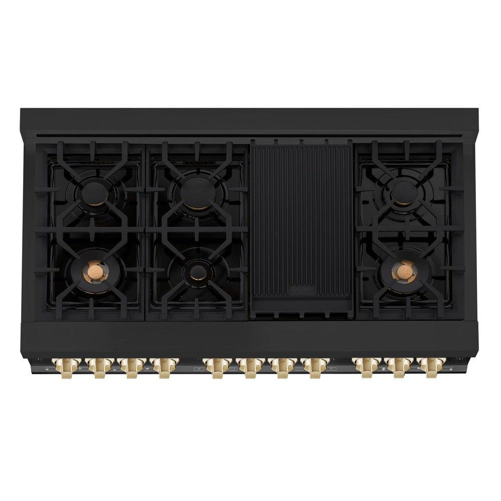 Autograph Edition 48 in. Kitchen Package with Black Stainless Steel Dual Fuel Range, Range Hood and Dishwasher with Polished Gold Accents 3AKPRABRHDWV48G
