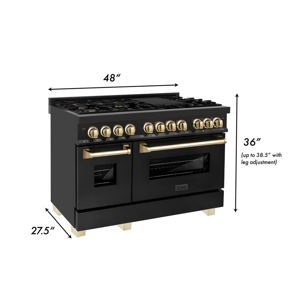 Autograph Edition 48 in. Kitchen Package with Black Stainless Steel Dual Fuel Range, Range Hood and Dishwasher with Polished Gold Accents 3AKPRABRHDWV48G
