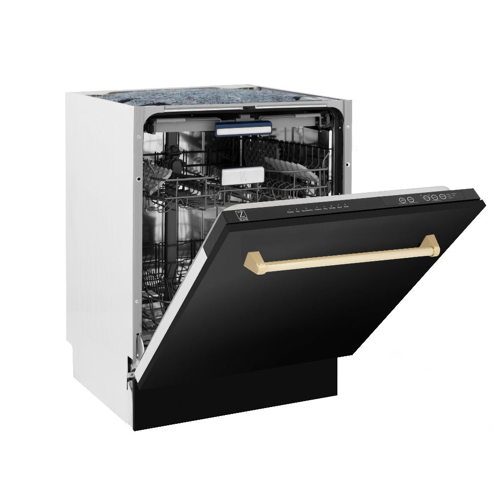 Autograph Edition 48 in. Kitchen Package with Black Stainless Steel Dual Fuel Range, Range Hood and Dishwasher with Polished Gold Accents 3AKPRABRHDWV48G