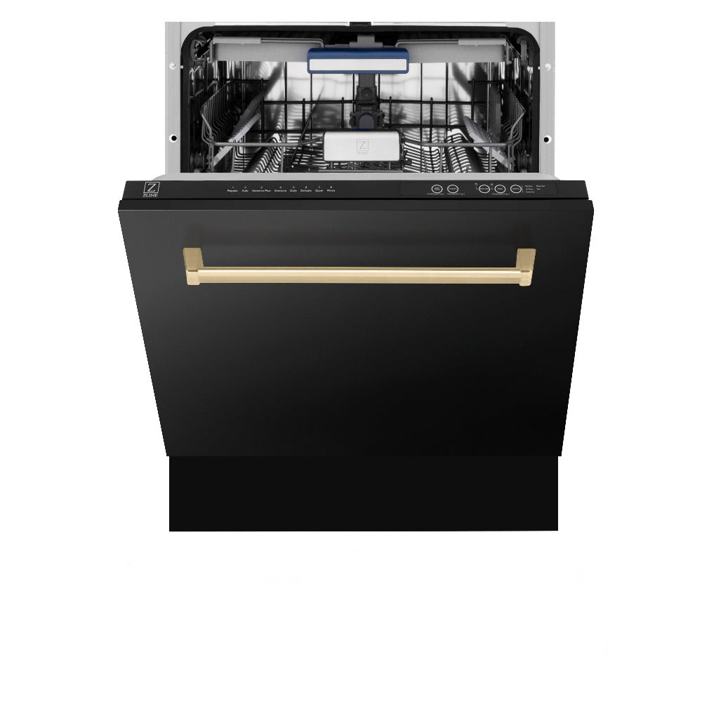 Autograph Edition 48 in. Kitchen Package with Black Stainless Steel Dual Fuel Range, Range Hood and Dishwasher with Polished Gold Accents 3AKPRABRHDWV48G