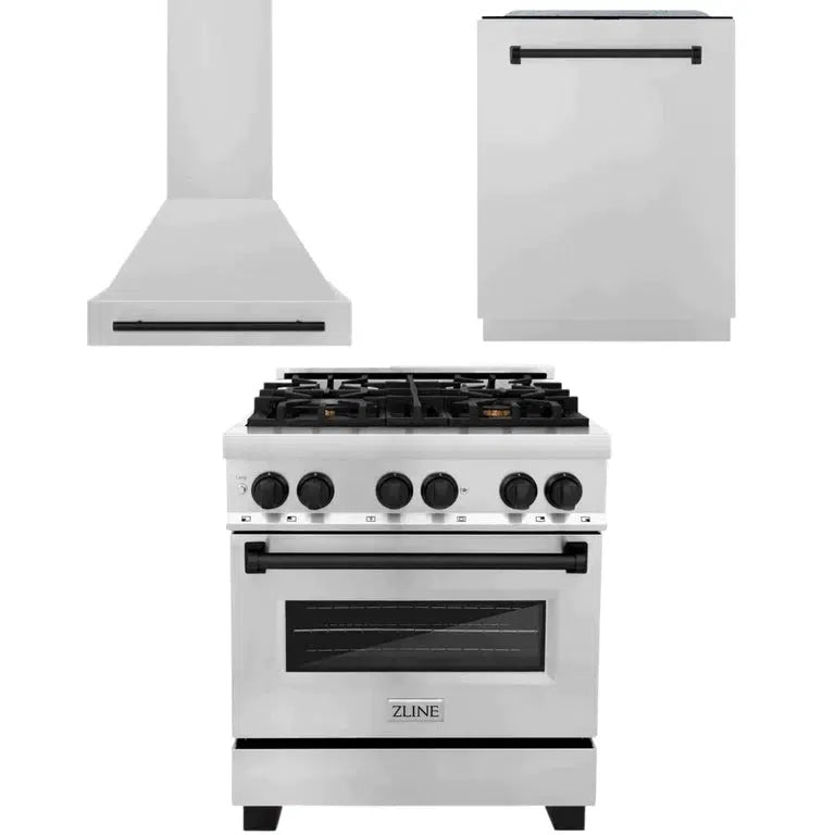 Autograph Edition Kitchen Package with Stainless Steel 30 in. Dual Fuel Range, 30 in. Range Hood, and 24 in. Dishwasher with Matte Black Accents 3AKPRARHDWM30MB