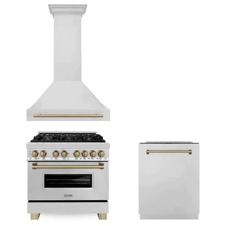 Autograph Edition 36 in. Kitchen Package with Stainless Steel Dual Fuel Range, Range Hood and Dishwasher with Champagne Bronze Accents 3AKPRARHDWM36CB