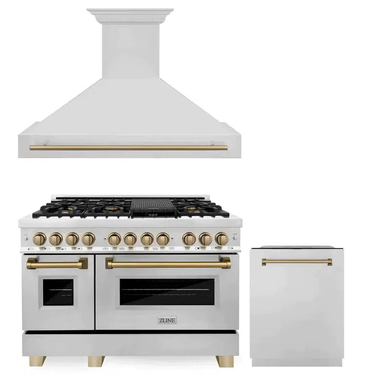 Autograph Edition 48 in. Kitchen Package with Stainless Steel Dual Fuel Range, Range Hood and Dishwasher with Champagne Bronze Accents 3AKPRARHDWM48CB