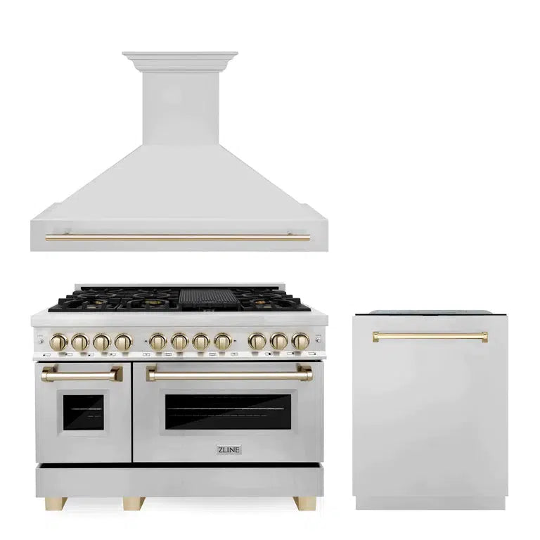 Autograph Edition 48 in. Kitchen Package with Stainless Steel Dual Fuel Range, Range Hood and Dishwasher with Polished Gold Accents 3AKPRARHDWM48G