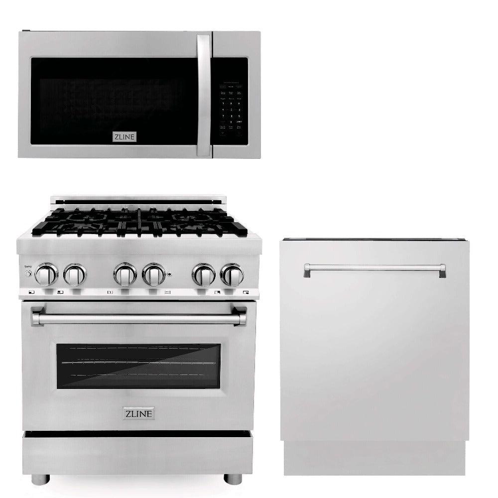 30 in. Kitchen Package with Stainless Steel Dual Fuel Range, Modern Over The Range Microwave and Tall Tub Dishwasher 3KPRAOTR30DWV