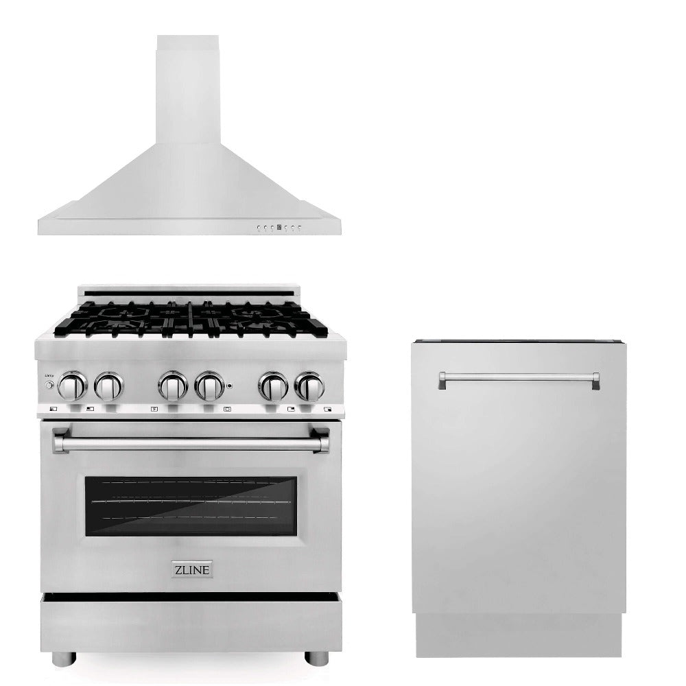 30 in. Kitchen Package with Stainless Steel Dual Fuel Range, Convertible Vent Range Hood and Tall Tub Dishwasher 3KPRARH30DWV