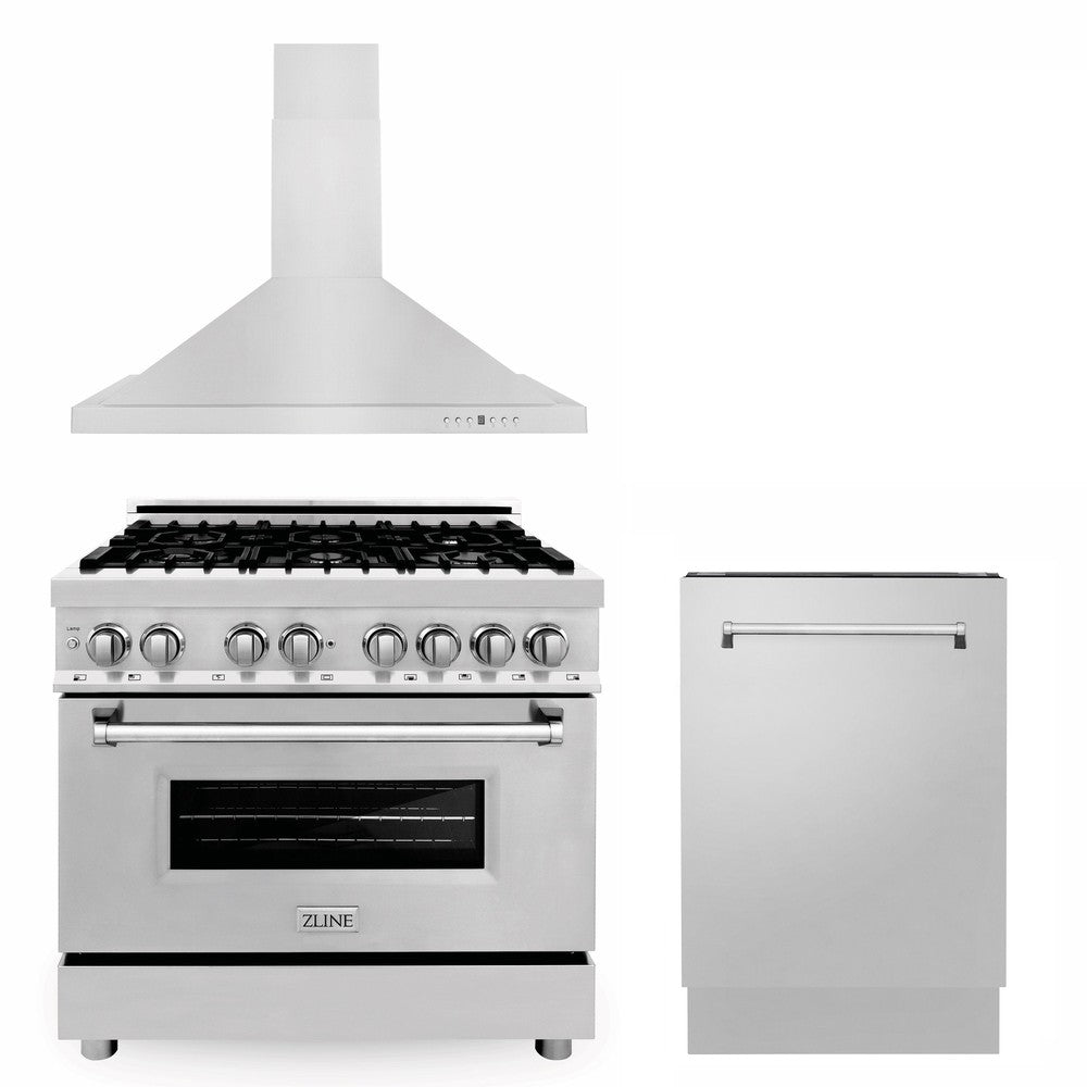 36 in. Kitchen Package with Stainless Steel Dual Fuel Range, Convertible Vent Range Hood and Tall Tub Dishwasher 3KPRARH36DWV