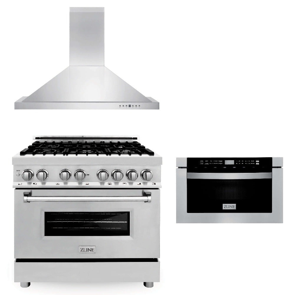 36 in. Kitchen Package with Stainless Steel Dual Fuel Range, Convertible Vent Range Hood and Microwave Drawer 3KPRARH36MW
