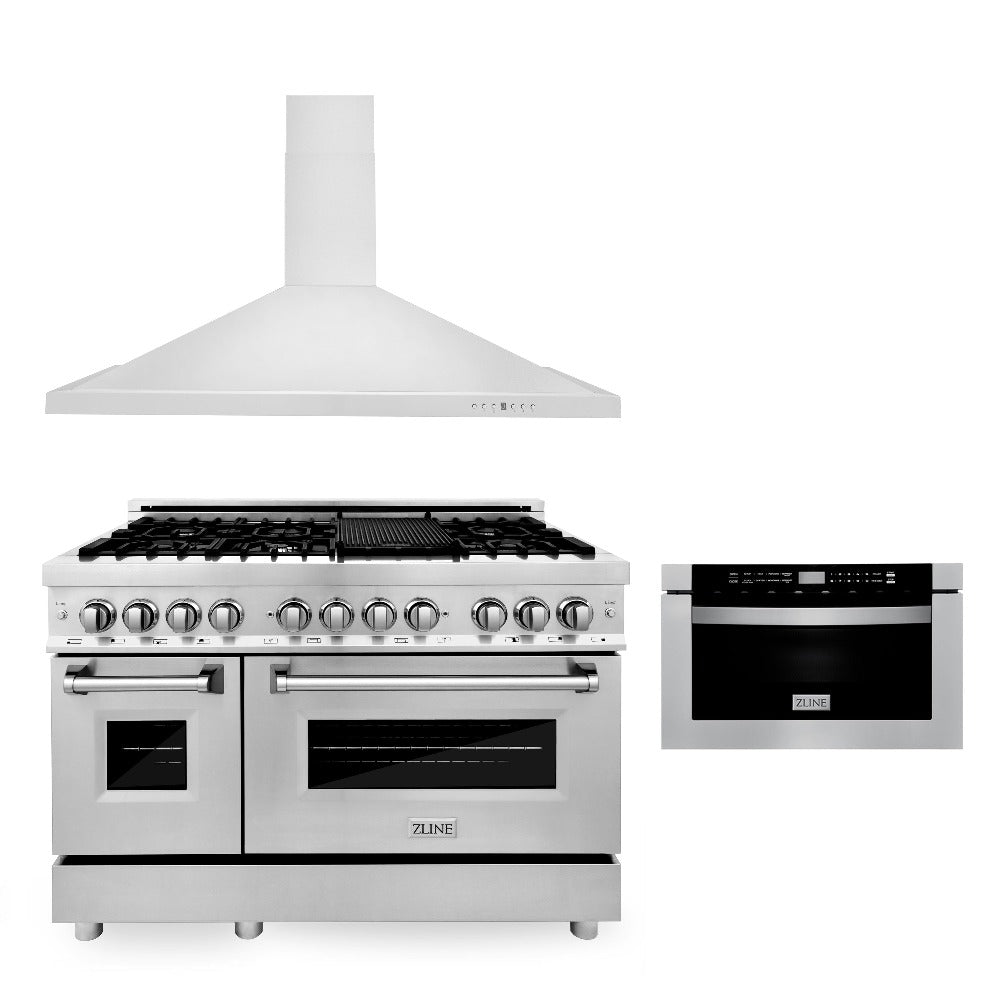 48 in. Kitchen Package with Stainless Steel Dual Fuel Range, Convertible Vent Range Hood and Microwave Drawer 3KPRARH48MW