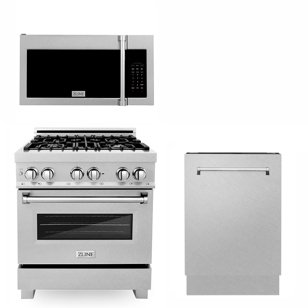 ZLINE 30 in. Kitchen Package with Satin Stainless Steel Dual Fuel Range, Over the Range Microwave and Tall Tub Dishwasher (3KP-RASOTRHDWV30) 3KPRASOTRHDWV30