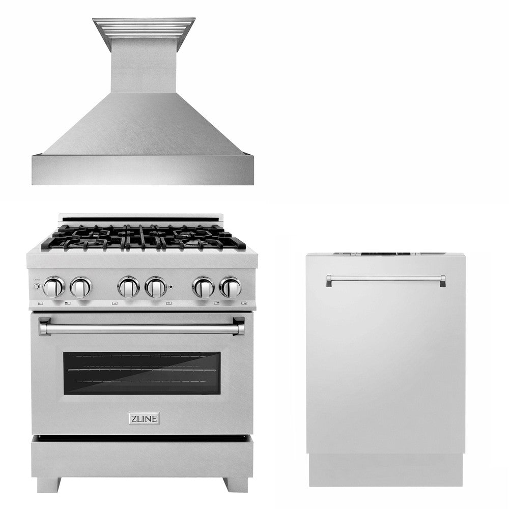 30 in. Kitchen Package with Satin Stainless Dual Fuel Range, Ducted Vent Range Hood and Tall Tub Dishwasher 3KPRASRH30DWV