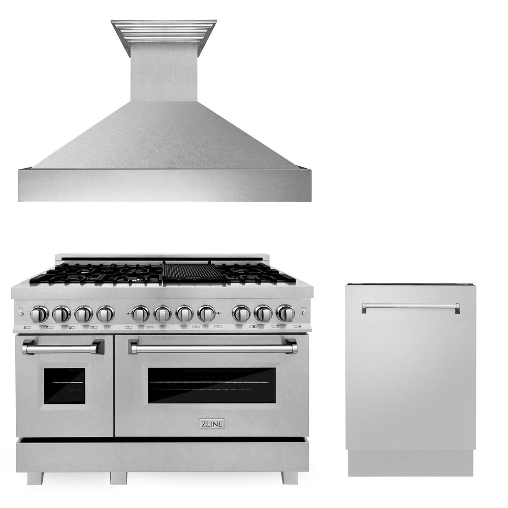 48 in. Kitchen Package with Satin Stainless Dual Fuel Range, Ducted Vent Range Hood and Tall Tub Dishwasher 3KPRASRH48DWV
