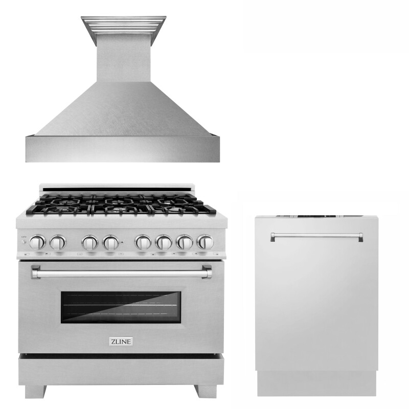 36" Kitchen Package with DuraSnow® Stainless Steel Gas Range, Ducted Range Hood and Dishwasher 3KPRGSRH36DW