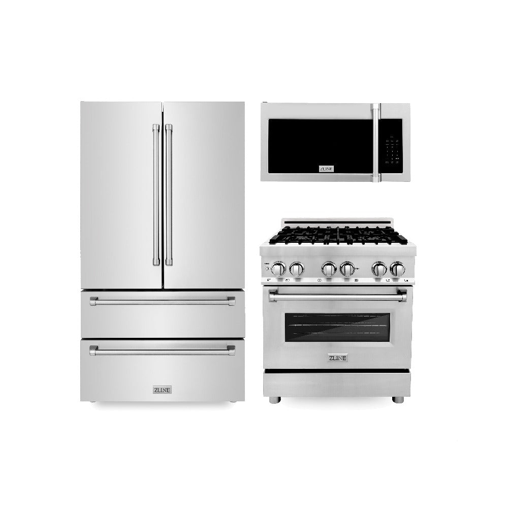 Kitchen Package with Stainless Steel 36 in. Refrigerator, 30 in. Dual Fuel Range, and 30 in. Traditional Over-the-Range Microwave 3KPRRAOTRH30