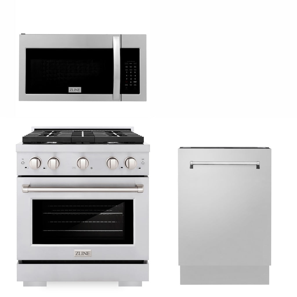 30 in. Kitchen Package with Stainless Steel Gas Range, Modern Over The Range Microwave and Tall Tub Dishwasher 3KPSGROTR30DWV