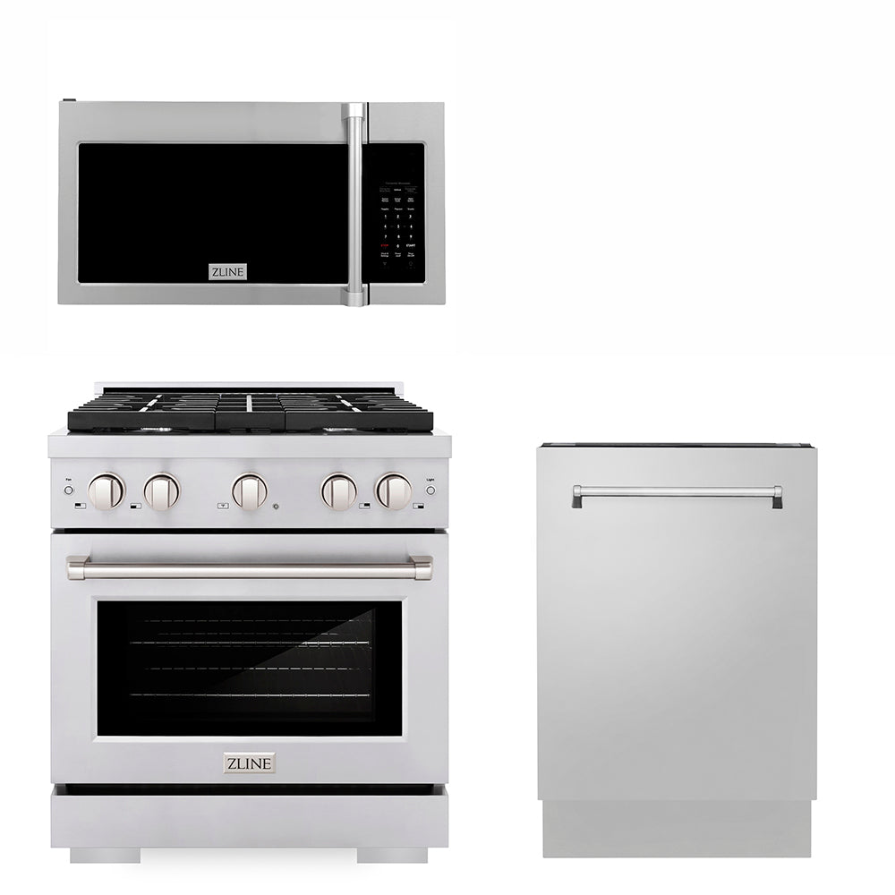 30 in. Kitchen Package with Stainless Steel GAs Range, Traditional Over The Range Microwave and Tall Tub Dishwasher 3KPSGROTRH30DWV