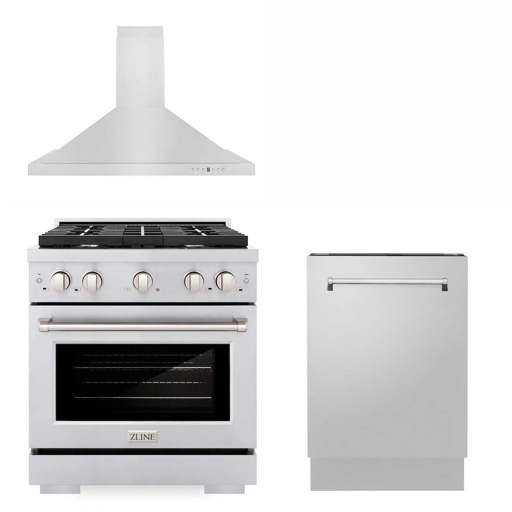 30 in. Kitchen Package with Stainless Steel Gas Range, Convertible Vent Range Hood and Tall Tub Dishwasher 3KPSGRRH30DWV
