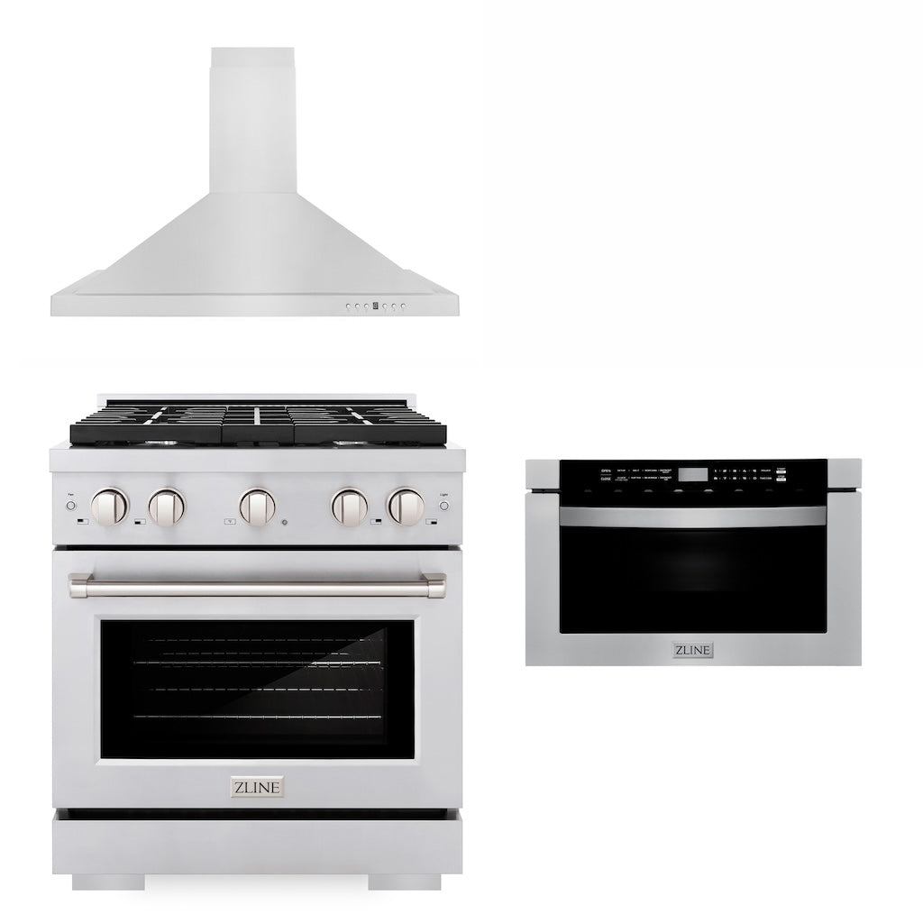 30 in. Kitchen Package with Stainless Steel Gas Range, Convertible Vent Range Hood and Microwave Drawer 3KPSGRRH30MW
