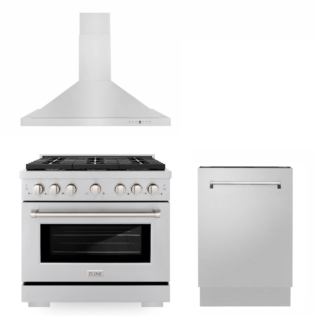 36 in. Kitchen Package with Stainless Steel Gas Range, Convertible Vent Range Hood and Tall Tub Dishwasher 3KPSGRRH36DWV