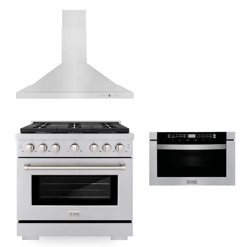 36 in. Kitchen Package with Stainless Steel Gas Range, Convertible Vent Range Hood and Microwave Drawer 3KPSGRRH36MW