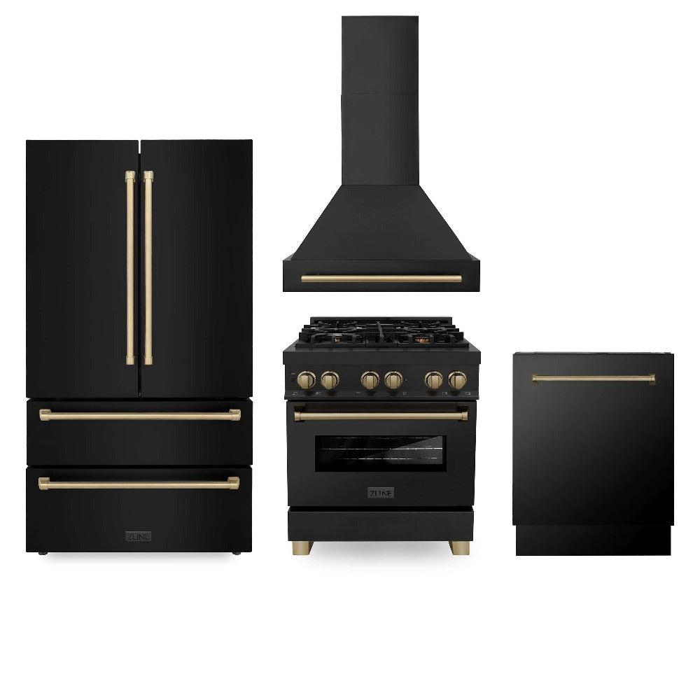 Autograph Edition 30 in. Kitchen Package with Black Stainless Steel Dual Fuel Range, Range Hood, Dishwasher, and Refrigerator with External Water Dispenser with Champagne Bronze Accents 4AKPR