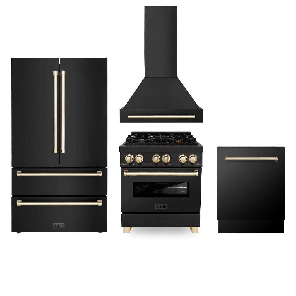 Autograph Edition 30 in. Kitchen Package with Black Stainless Steel Dual Fuel Range, Range Hood, Dishwasher, and Refrigerator with External Water Dispenser with Polished Gold Accents 4AKPRRAB