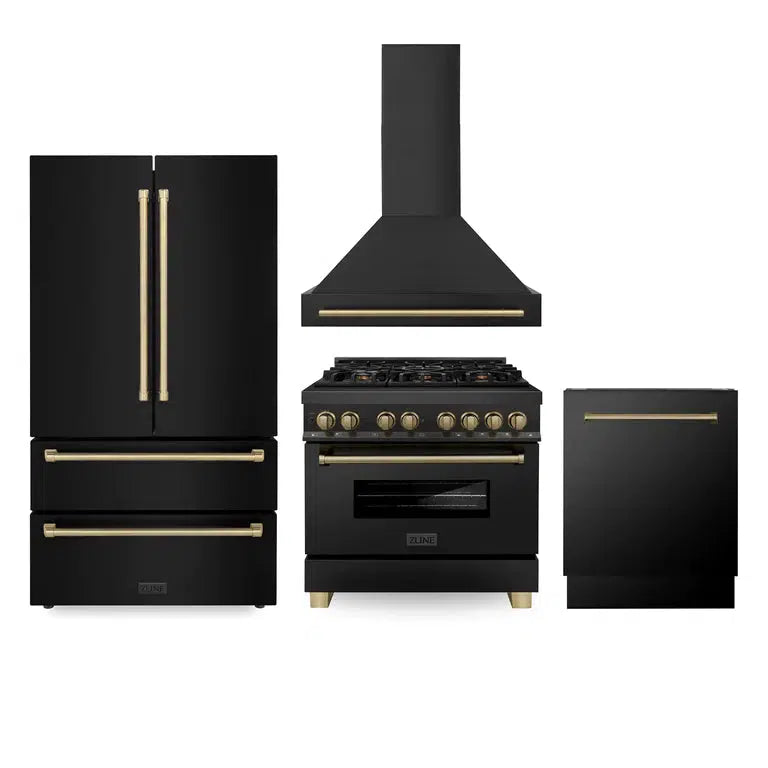 Autograph Edition 36 in. Kitchen Package with Black Stainless Steel Dual Fuel Range, Range Hood, Dishwasher and Refrigerator Including Internal Water Dispenser with Champagne Bronze Accents 4