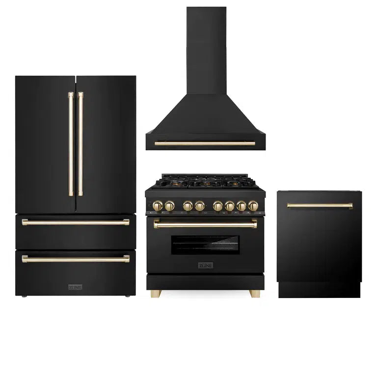 Autograph Edition 36 in. Kitchen Package with Black Stainless Steel Dual Fuel Range, Range Hood, Dishwasher and Refrigerator with Polished Gold Accents 4AKPRRABRHDWV36G