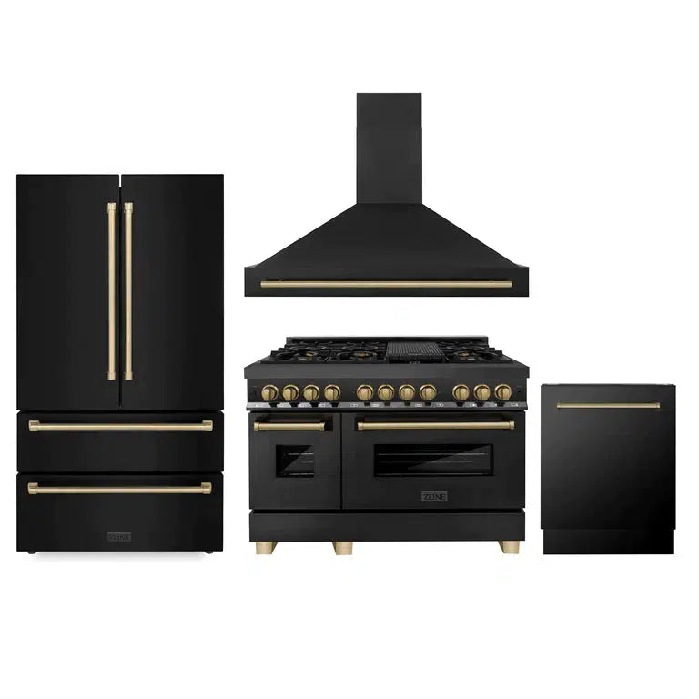 Autograph Edition 48 in. Kitchen Package with Black Stainless Steel Dual Fuel Range, Range Hood, Dishwasher and Refrigerator with Champagne Bronze Accents 4AKPRRABRHDWV48CB