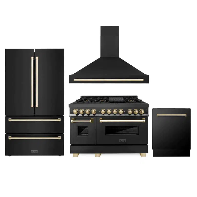 Autograph Edition 48 in. Kitchen Package with Black Stainless Steel Dual Fuel Range, Range Hood, Dishwasher and Refrigerator Including External Water Dispenser with Polished Gold Accents 4AKP