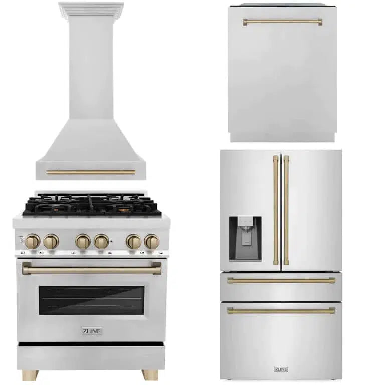 Autograph Edition 30 in. Kitchen Package with Stainless Steel Dual Fuel Range, Range Hood, Dishwasher, and Refrigerator with External Water Dispenser with Champagne Bronze Accents 4AKPRRARHDW