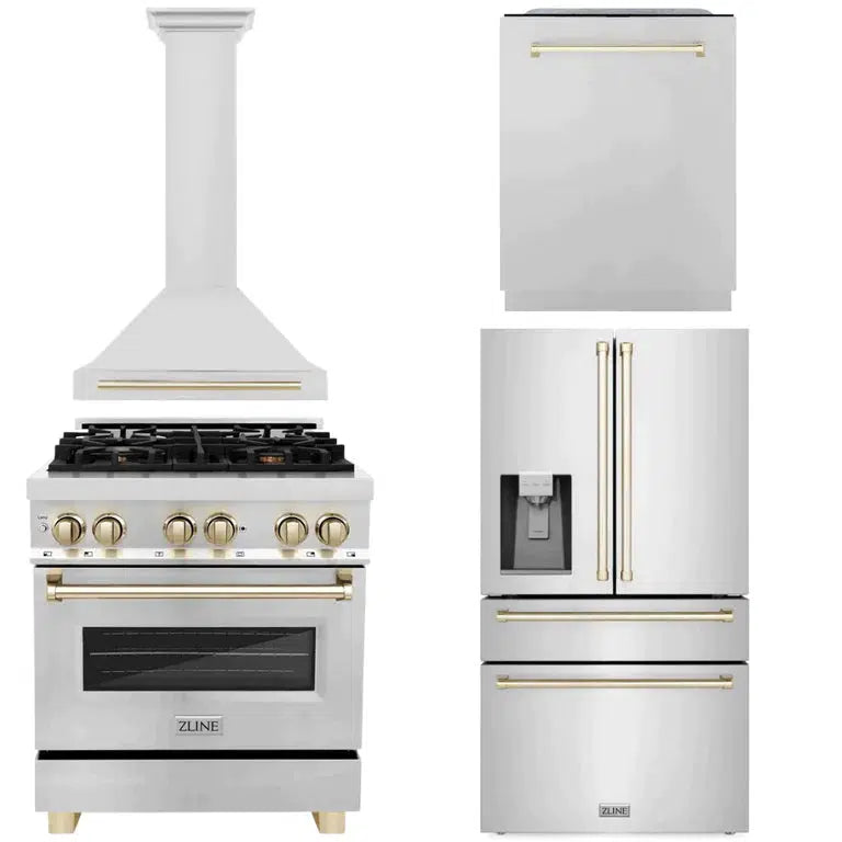 Autograph Edition 30 in. Kitchen Package with Stainless Steel Dual Fuel Range, Range Hood, Dishwasher, and Refrigerator with External Water Dispenser with Polished Gold Accents 4AKPRRARHDWM30
