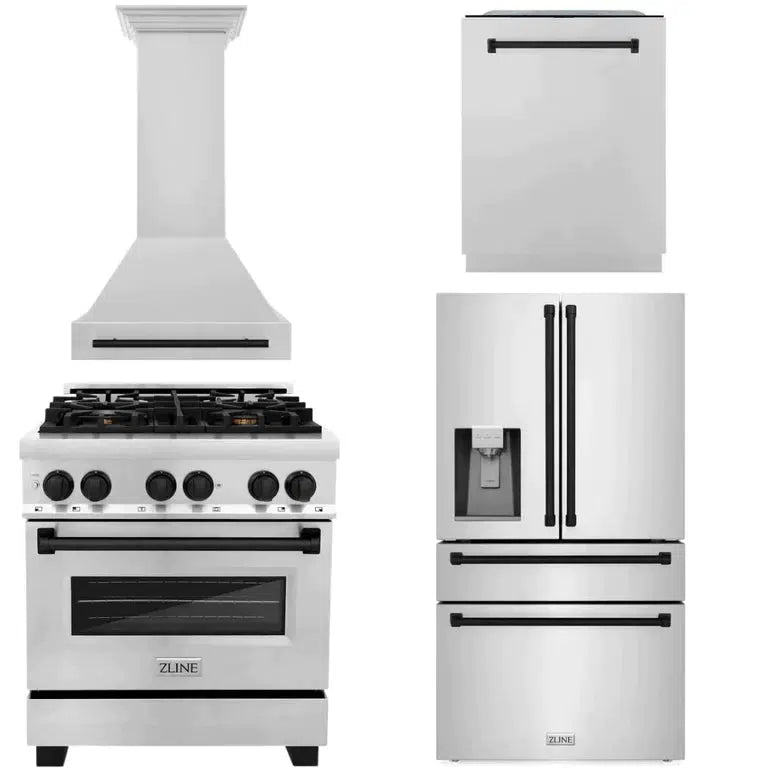 Autograph Edition 30 in. Kitchen Package with Stainless Steel Dual Fuel Range, Range Hood, Dishwasher, and Refrigerator with External Water Dispenser with Matte Black Accents 4AKPRRARHDWM30MB