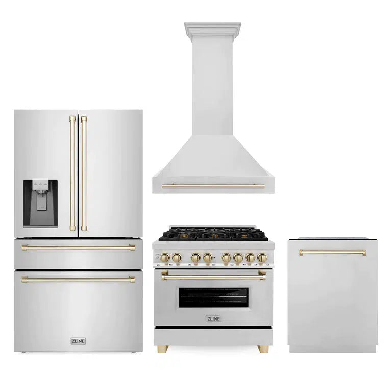 Autograph Edition 36 in. Kitchen Package with Stainless Steel Dual Fuel Range, Range Hood, Dishwasher and Refrigerator Including External Water Dispenser with Polished Gold Accents 4AKPRRARHD