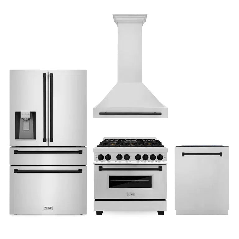Autograph Edition 36 in. Kitchen Package with Stainless Steel Dual Fuel Range, Range Hood, Dishwasher and Refrigerator Including External Water Dispenser with Matte Black Accents 4AKPRRARHDWM