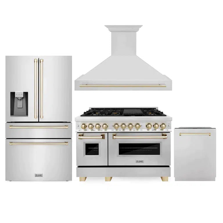 Autograph Edition 48 in. Kitchen Package with Stainless Steel Dual Fuel Range, Range Hood, Dishwasher and Refrigerator Including External Water Dispenser with Polished Gold Accents 4AKPRRARHD