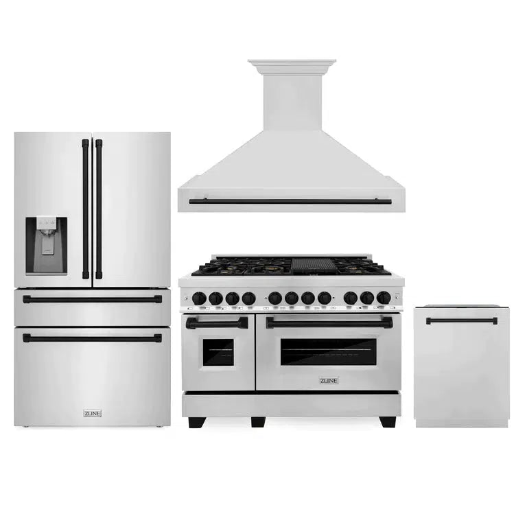 Autograph Edition 48 in. Kitchen Package with Stainless Steel Dual Fuel Range, Range Hood, Dishwasher and Refrigerator Including External Water Dispenser with Matte Black Accents 4AKPRRARHDWM