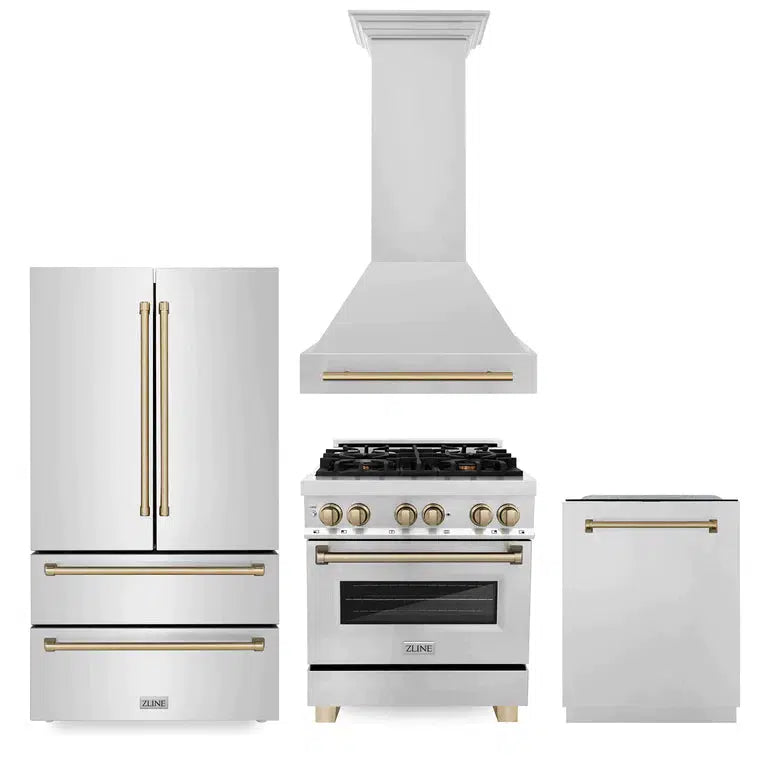 Autograph Edition 30 in. Kitchen Package with Stainless Steel Dual Fuel Range, Range Hood, Dishwasher and Refrigerator with Champagne Bronze Accents 4KAPRRARHDWM30CB