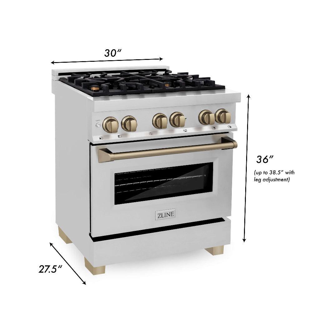 Autograph Edition 30 in. Kitchen Package with Stainless Steel Dual Fuel Range, Range Hood, Dishwasher and Refrigerator with Champagne Bronze Accents 4KAPRRARHDWM30CB