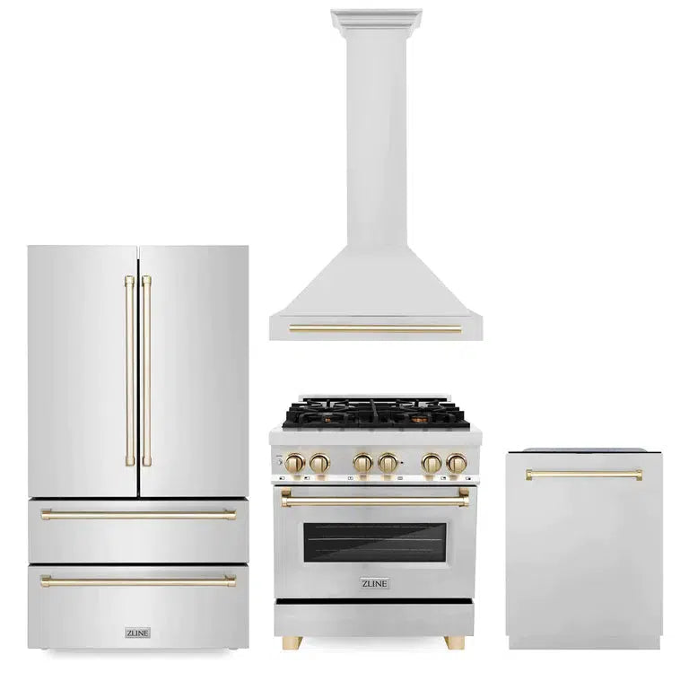 Autograph Edition 30 in. Kitchen Package with Stainless Steel Dual Fuel Range, Range Hood, Dishwasher and Refrigerator with Polished Gold Accents 4KAPRRARHDWM30G