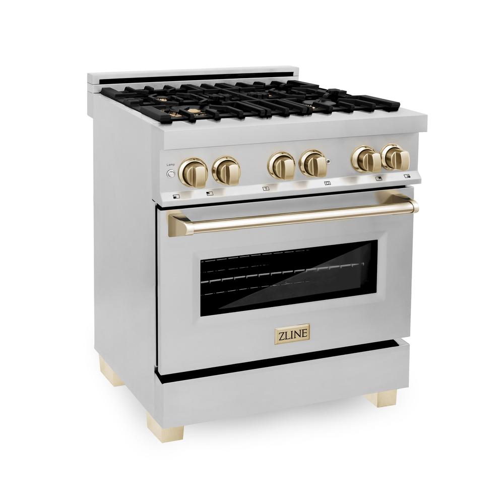 Autograph Edition 30 in. Kitchen Package with Stainless Steel Dual Fuel Range, Range Hood, Dishwasher and Refrigerator with Polished Gold Accents 4KAPRRARHDWM30G
