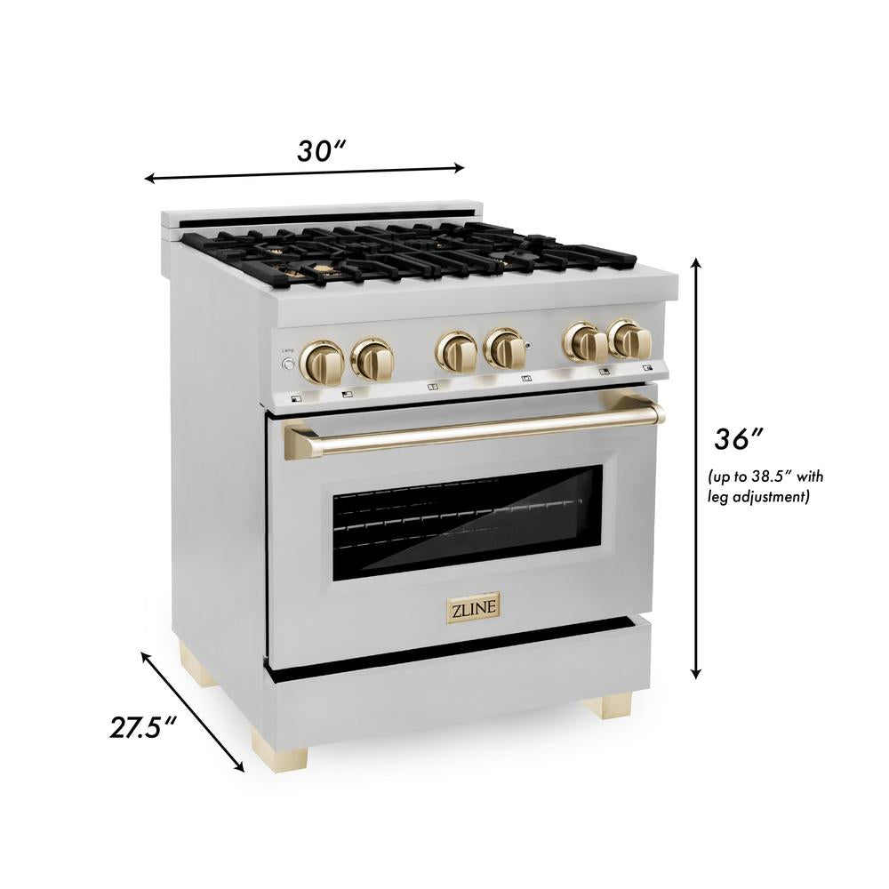 Autograph Edition 30 in. Kitchen Package with Stainless Steel Dual Fuel Range, Range Hood, Dishwasher and Refrigerator with Polished Gold Accents 4KAPRRARHDWM30G