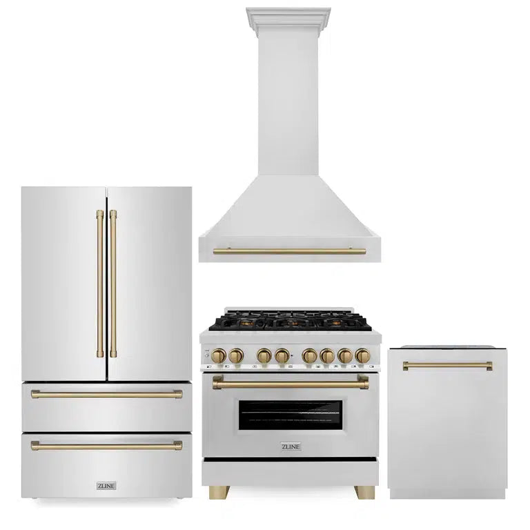 Autograph Edition 36 in. Kitchen Package with Stainless Steel Dual Fuel Range, Range Hood, Dishwasher and Refrigerator with Champagne Bronze Accents 4KAPRRARHDWM36CB