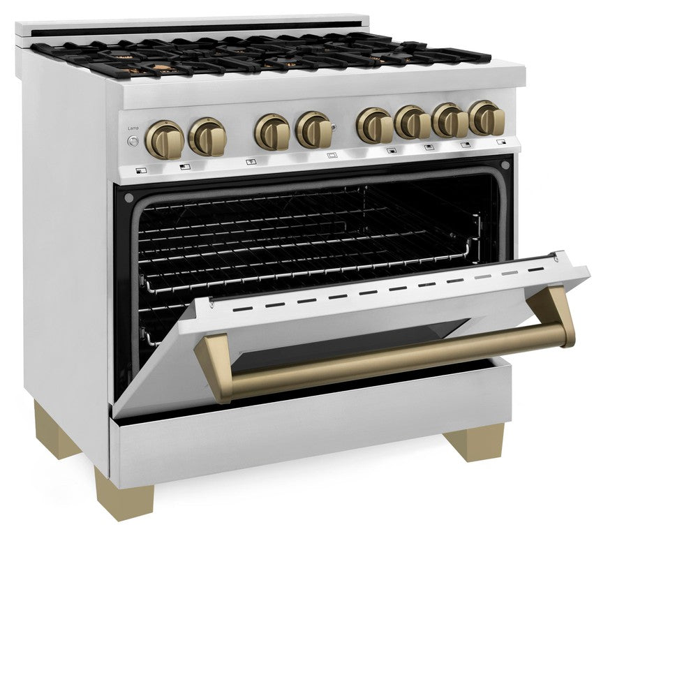 Autograph Edition 36 in. Kitchen Package with Stainless Steel Dual Fuel Range, Range Hood, Dishwasher and Refrigerator with Champagne Bronze Accents 4KAPRRARHDWM36CB