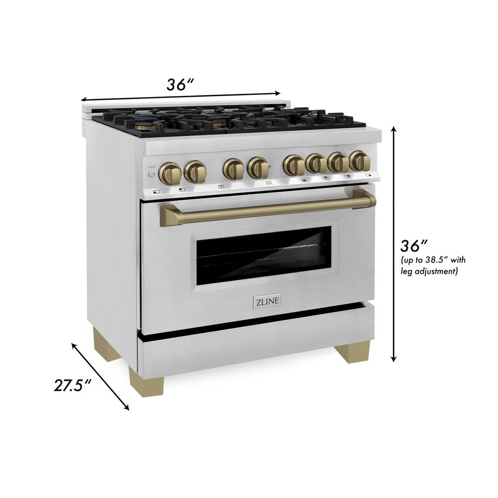 Autograph Edition 36 in. Kitchen Package with Stainless Steel Dual Fuel Range, Range Hood, Dishwasher and Refrigerator with Champagne Bronze Accents 4KAPRRARHDWM36CB