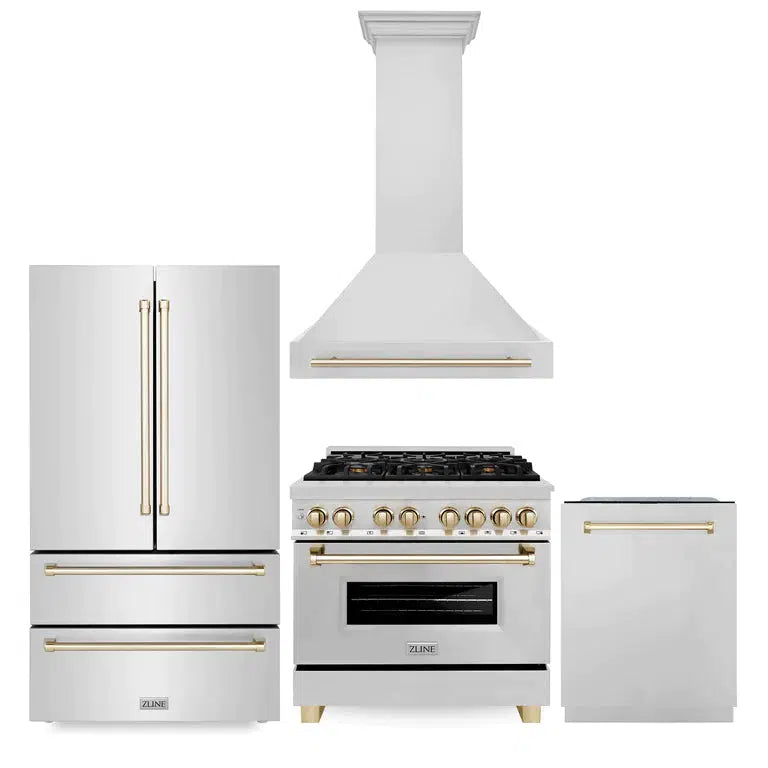 Autograph Edition 36 in. Kitchen Package with Stainless Steel Dual Fuel Range, Range Hood, Dishwasher and Refrigerator with Polished Gold Accents 4KAPRRARHDWM36G