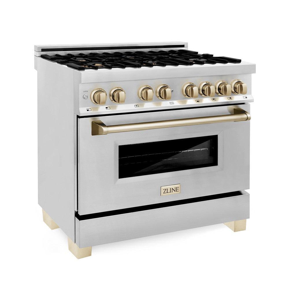 Autograph Edition 36 in. Kitchen Package with Stainless Steel Dual Fuel Range, Range Hood, Dishwasher and Refrigerator with Polished Gold Accents 4KAPRRARHDWM36G