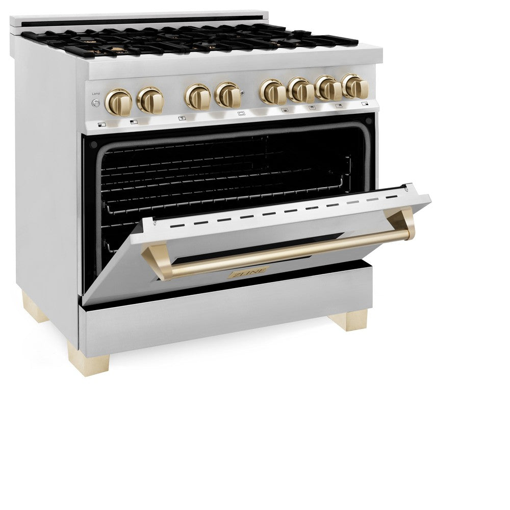 Autograph Edition 36 in. Kitchen Package with Stainless Steel Dual Fuel Range, Range Hood, Dishwasher and Refrigerator with Polished Gold Accents 4KAPRRARHDWM36G